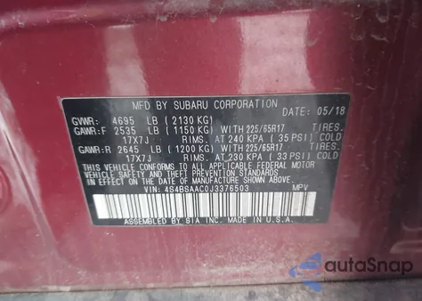 2018 Subaru Outback 2.5I from USA, damaged, VIN 4S4BSAAC0J3376503